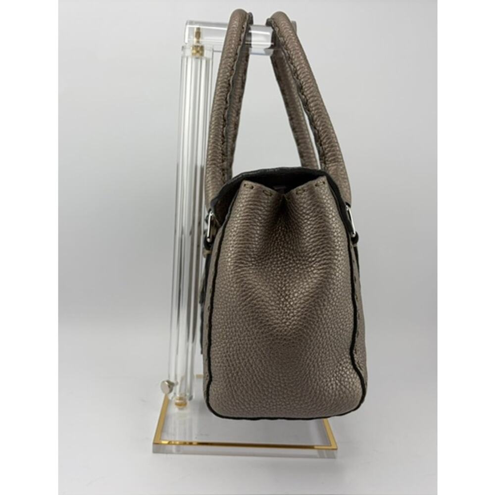 Fendi Selleria Mini Linda Metallic Pewter Pebbled Leather Satchel Sterling Tag - Picture 5 of 14